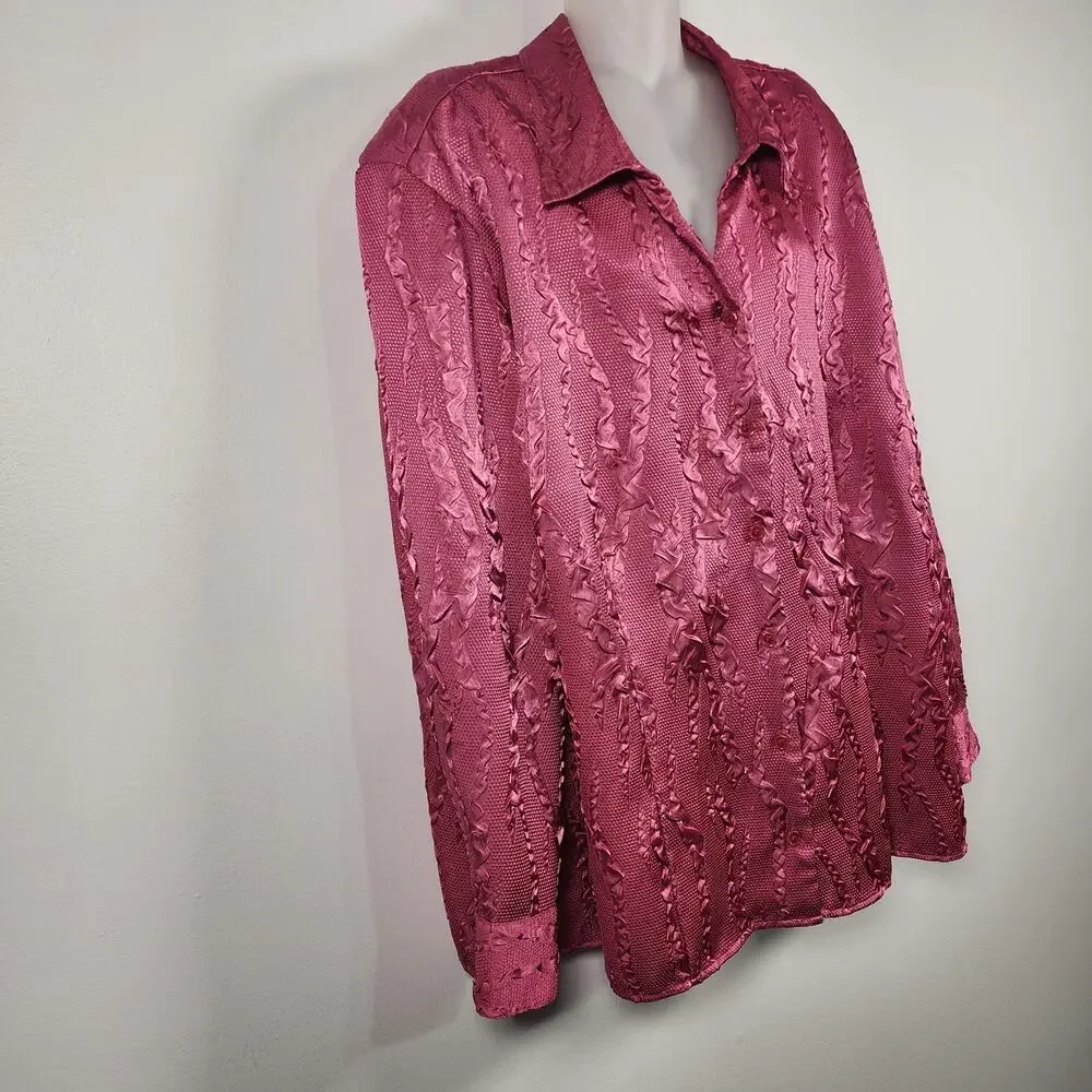 Maggie Barnes Womens Shirt Plus 2X Textured Satin Crinkle Button Front Feminine